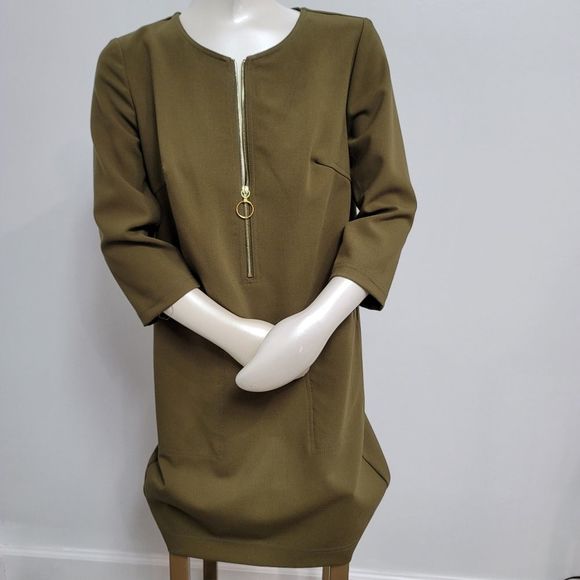Trina Turk olive green half zip 3/4 sleeve dress size 2. - Picture 6 of 6